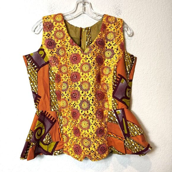Handmade Tops - Handmade Vibrant Yellow Lace and Orange Women's Fitted Top Sz L see measurements